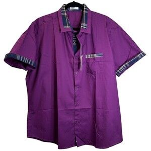 Coofandy Shirt Men’s Sz XXL Purple w/Plaid Trim Button Up Cotton Blend Short SL